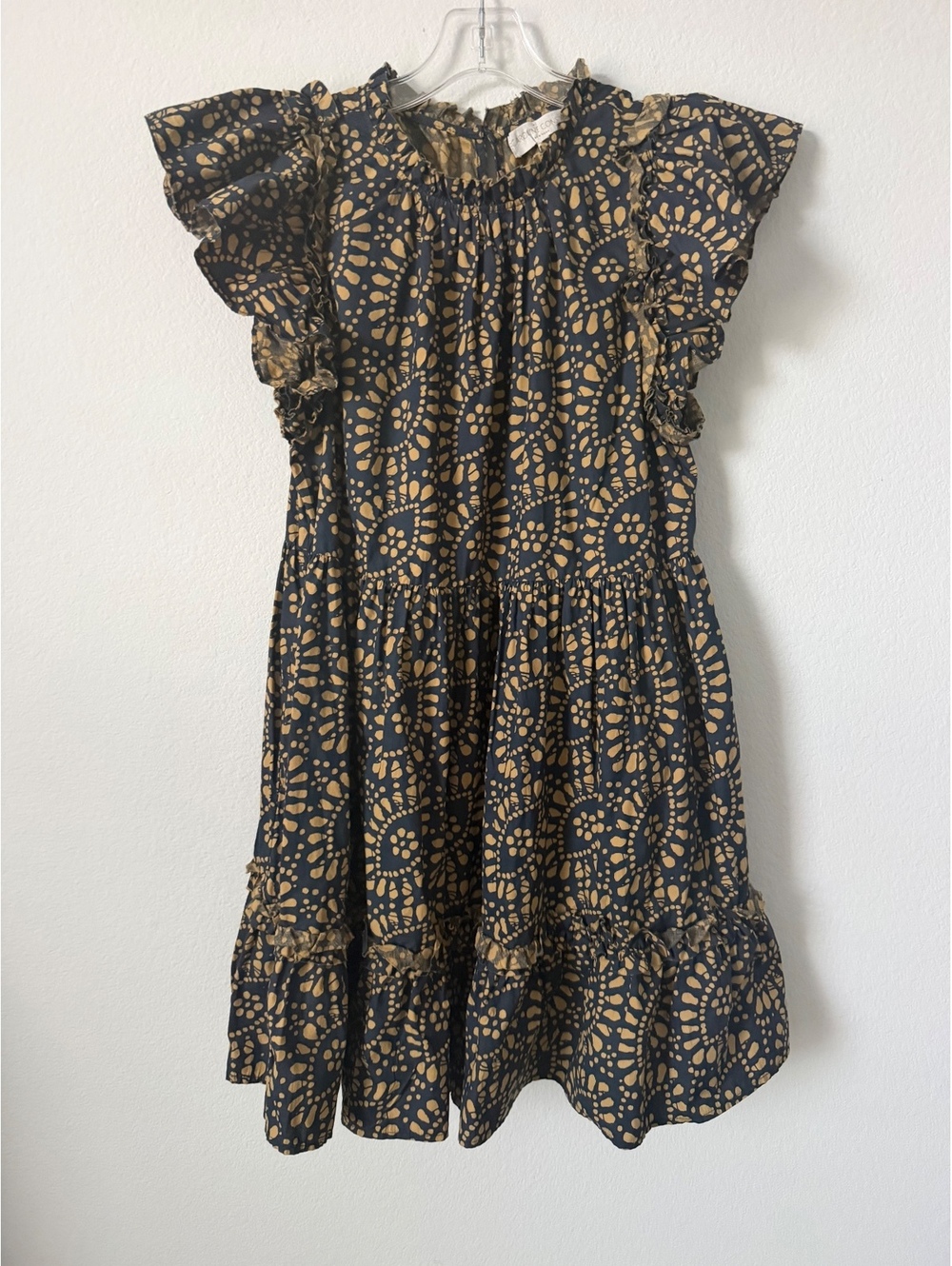 Caroline Constas Navy Blue/Beige Short Sleeve Ruffled Tiered Swing Dress Size S